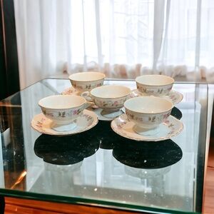 VTG Bristol Fine China “Spring Garden” Floral Tea Cup Saucers & Dessert Plates